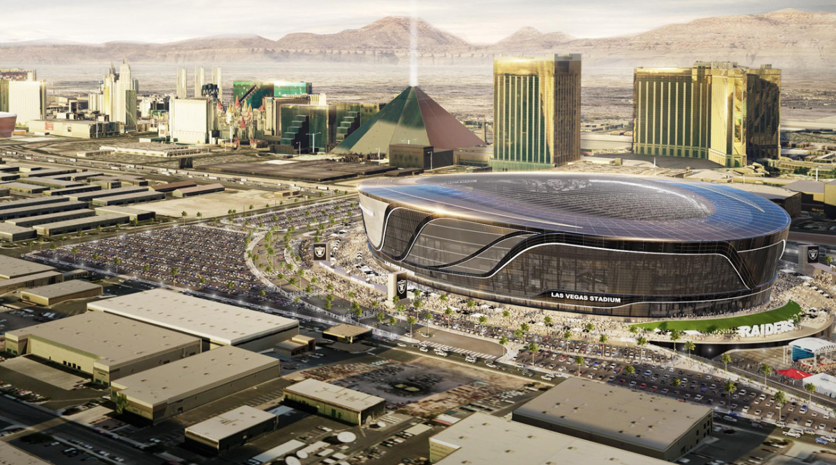 A rendering of the airport-area site for the Raiders’ stadium, close to the Strip.